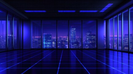 Empty, futuristic office, night city view