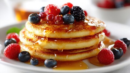 a golden stack of pancakes with maple syrup