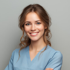 Smiling female healthcare worker in scrubs on gray background