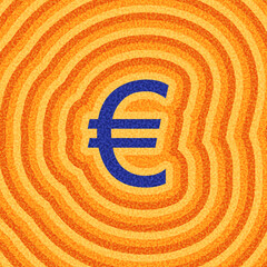 Vector illustration of a bold blue euro sign centered on textured orange concentric wave patterns in a vibrant design.