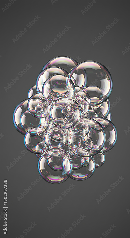 Poster iridescent soap bubbles cluster abstract background 3d render shimmering floating