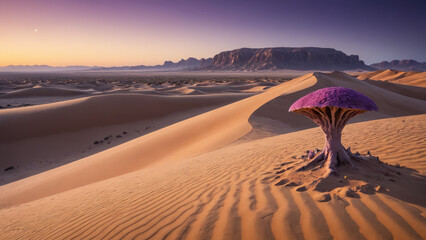 Surreal Purple Desert Landscape with Massive Sand Dunes, Bioluminescent Fungi, and a Distant Mysterious Monolith in a Sci-Fi Fantasy Alien World
