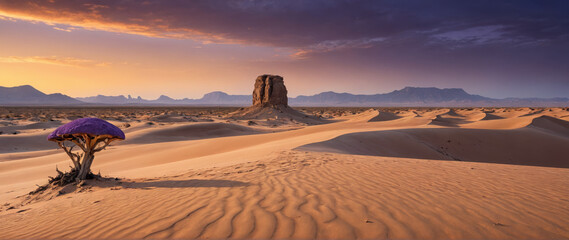 Surreal Purple Desert Landscape with Massive Sand Dunes, Bioluminescent Fungi, and a Distant Mysterious Monolith in a Sci-Fi Fantasy Alien World
