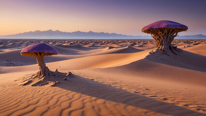 Surreal Purple Desert Landscape with Massive Sand Dunes, Bioluminescent Fungi, and a Distant Mysterious Monolith in a Sci-Fi Fantasy Alien World