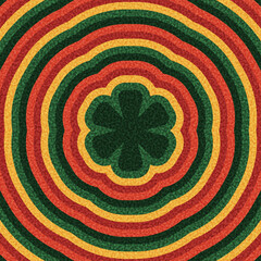 Dark green clover shape surrounded by radiating red, yellow, and green concentric rings. Vector illustration.