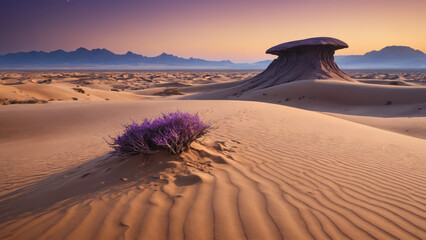 Surreal Purple Desert Landscape with Massive Sand Dunes, Bioluminescent Fungi, and a Distant Mysterious Monolith in a Sci-Fi Fantasy Alien World