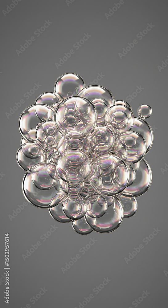 Poster iridescent bubbles close up abstract cluster of soap bubbles shimmering grey background