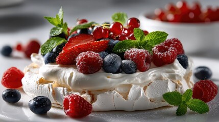 a delicate pavlova with whipped cream