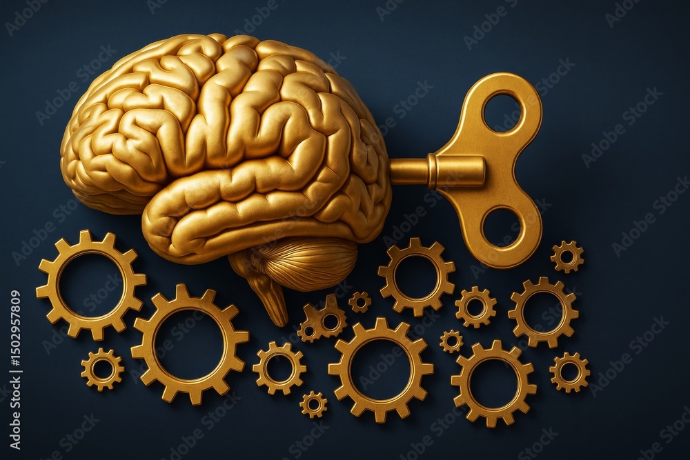Poster Golden brain with wind-up key and cogs symbolizing creative thinking and innovation on dark background, concept of business intelligence.