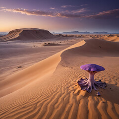 Surreal Purple Desert Landscape with Massive Sand Dunes, Bioluminescent Fungi, and a Distant Mysterious Monolith in a Sci-Fi Fantasy Alien World