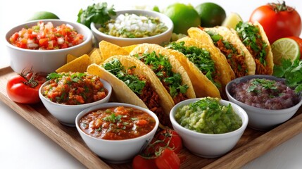 a vibrant taco platter with colorful salsas