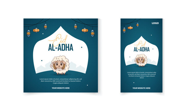Eid Al Adha Islamic festival social media post, greeting card, Eid mubarak template with cute sheep