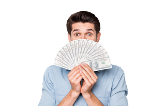 Photo of shocked funny cheerful funky guy hiding half of his face behind money he has earned out of successful way of freelancing isolated over grey color background - Powered by Adobe
