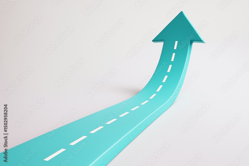 Poster curved turquoise road forming upward arrow symbolizing growth and success on light background, ideal