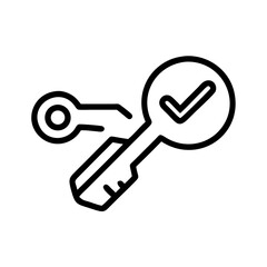 A key icon with a checkmark. A simple design of key symbol with validation sign