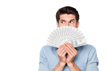 Photo of man looking out of money held with his hands into empty space isolated over grey color background