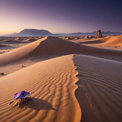 Surreal Purple Desert Landscape with Massive Sand Dunes, Bioluminescent Fungi, and a Distant Mysterious Monolith in a Sci-Fi Fantasy Alien World