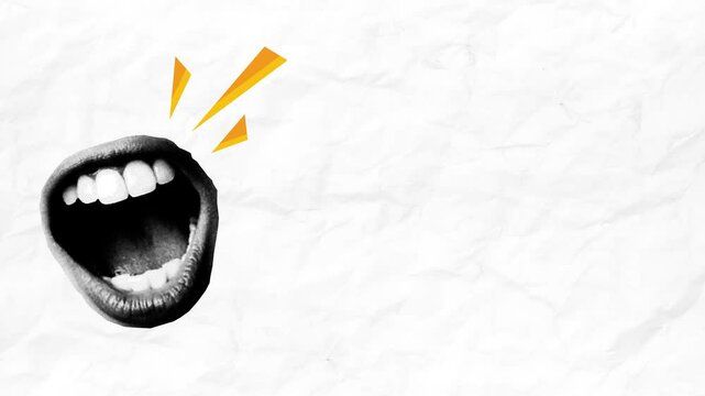 Halftone collage mouth open in a scream. Triangles fly out of it like an abstract sound.