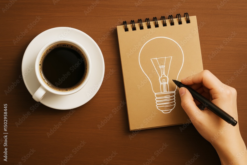 Poster creative concept sketch of light bulb with coffee cup on wooden background symbolizing business idea