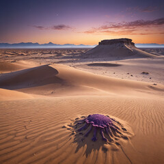 Surreal Purple Desert Landscape with Massive Sand Dunes, Bioluminescent Fungi, and a Distant Mysterious Monolith in a Sci-Fi Fantasy Alien World