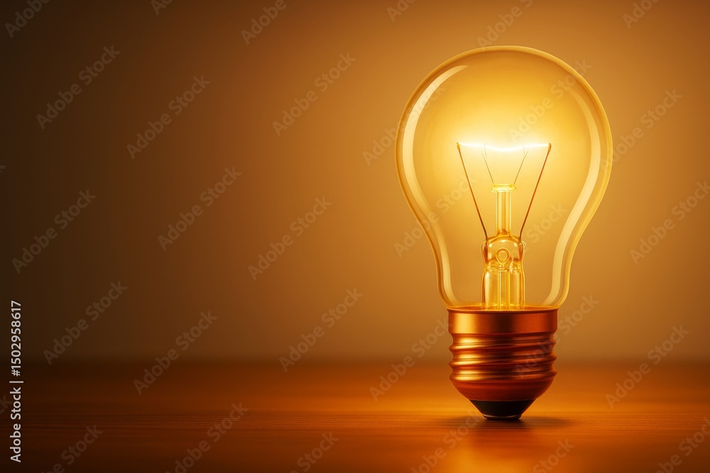 Poster glowing incandescent lightbulb on wooden surface with warm gradient background symbolizing innovatio