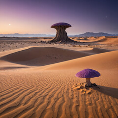 Surreal Purple Desert Landscape with Massive Sand Dunes, Bioluminescent Fungi, and a Distant Mysterious Monolith in a Sci-Fi Fantasy Alien World