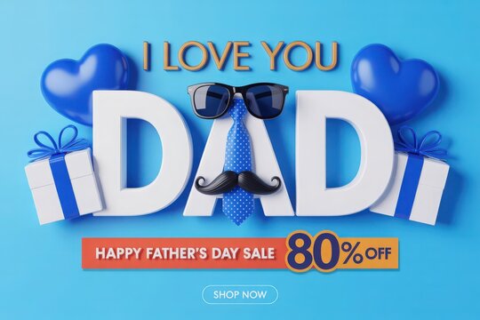 Father's Day Sale Promotion with 3D Rendered Dad Text Sunglasses Tie and Gift Boxes