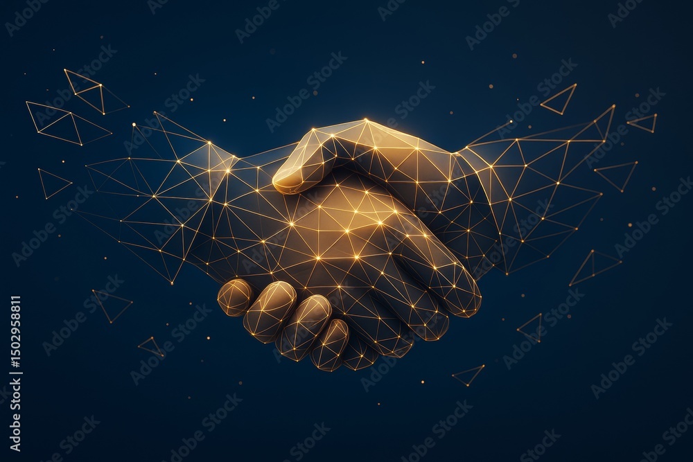 Poster Abstract digital handshake concept with glowing geometric lines and points on dark background representing business cooperation and technology connection.