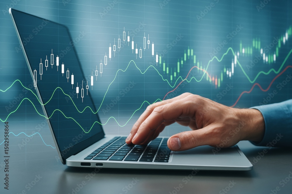 Poster Businessman analyzing financial data on laptop with digital chart graphics on light background for creative investment concept visualization.