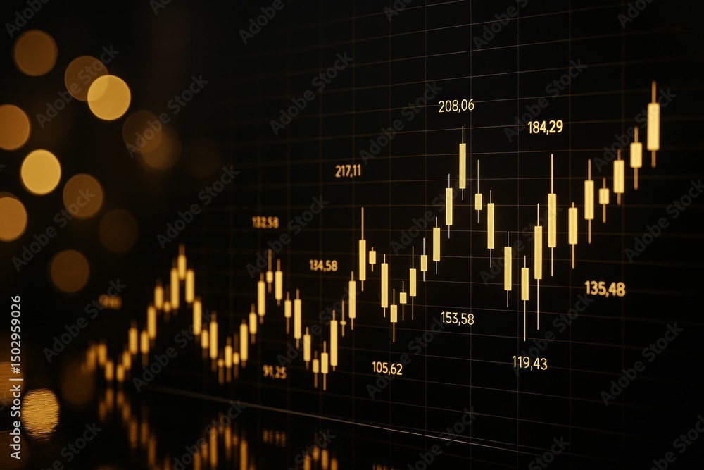 Aufkleber glowing candlestick stock chart showing financial market trends on a dark background with creative l