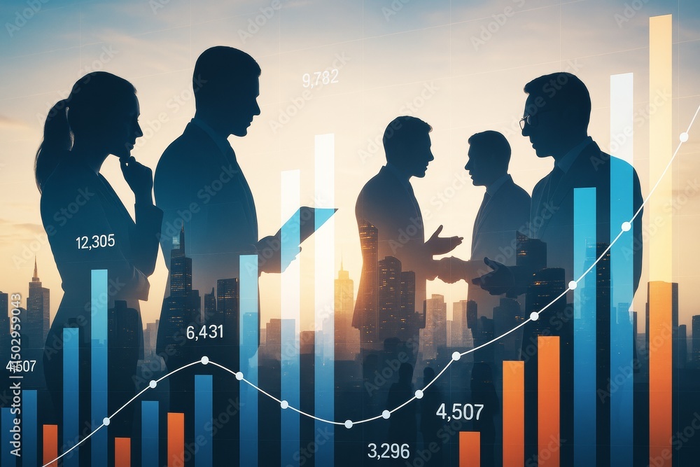 Poster business professionals analyzing financial data with graphs overlay on city background at sunset, sy