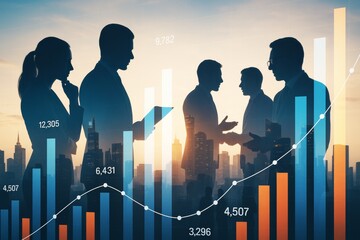 Business professionals analyzing financial data with graphs overlay on city background at sunset, symbolizing growth and strategy.