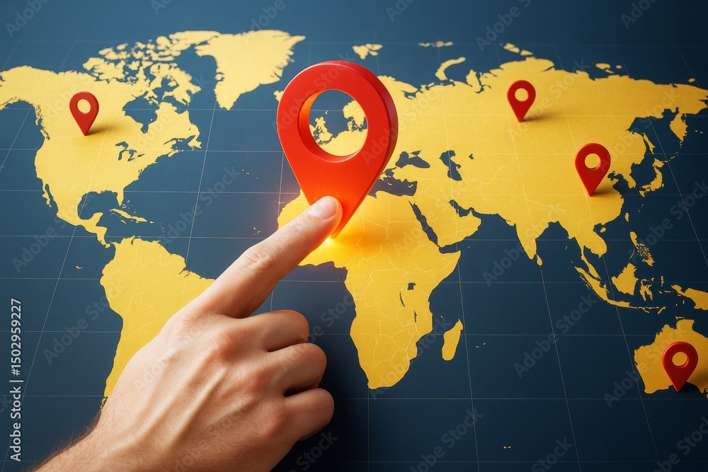 Aufkleber Hand touching red location pin on yellow world map with blue background symbolizing global navigation and business strategy concept.