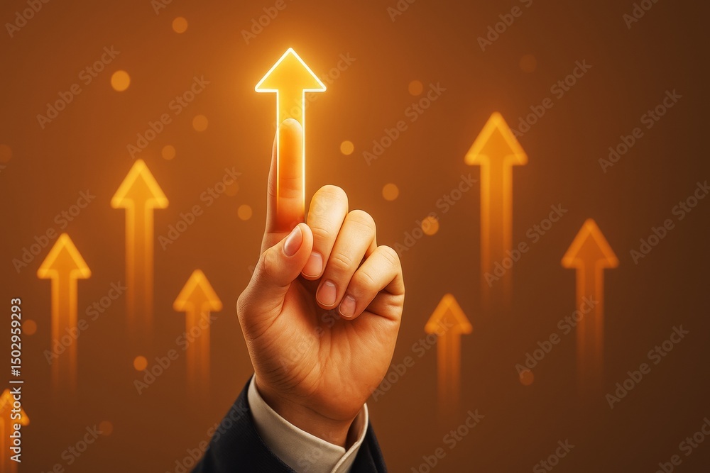 Aufkleber Hand pointing at glowing upward arrow symbolizing business growth and success on abstract background with light effects and futuristic concept.