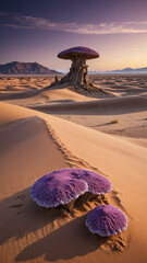 Surreal Purple Desert Landscape with Massive Sand Dunes, Bioluminescent Fungi, and a Distant Mysterious Monolith in a Sci-Fi Fantasy Alien World