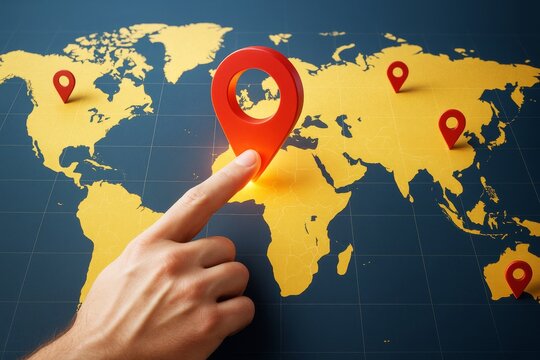 Hand touching red location pin on yellow world map with blue background symbolizing global navigation and business strategy concept.
