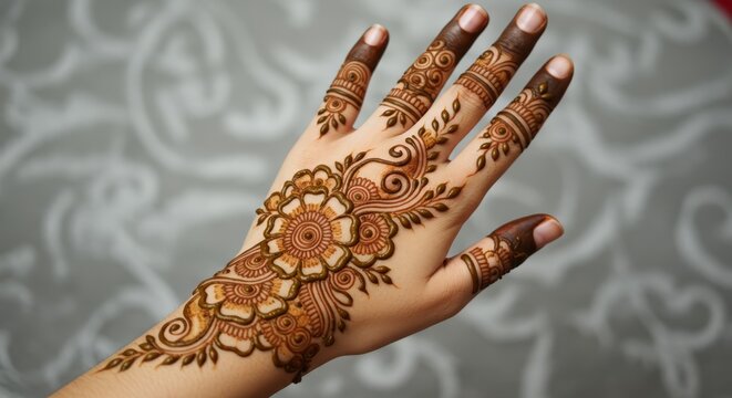 Exquisite henna artistry adorns a fairskinned hand in intricate patterns and floral design