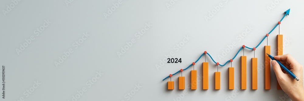 Poster business growth concept with hand drawing upward trend line over bar chart on clean light background