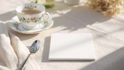 Clean white square mockup surface on table with tea setting