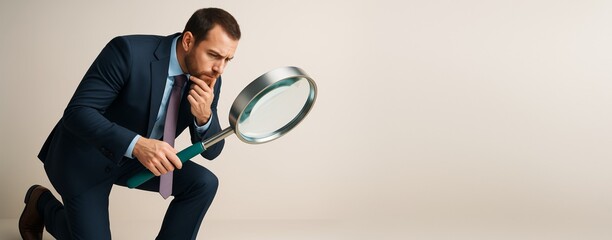 Businessman examining something with magnifying glass on light background with copyspace for creative advertising or promotional design template.