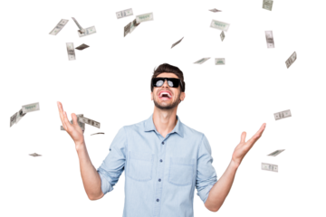 Photo of cheerful crazy excited funny freelancer having earned a lot of foreign currency smiling toothily isolated over grey color background poured with bucks