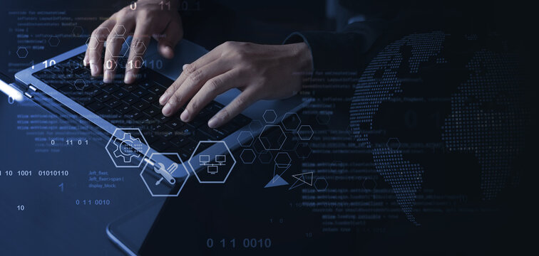 IT support, customer service concept. Computer engineer, technician coding on laptop computer connection with big data storage as backgrounds, digital technology, database, data management