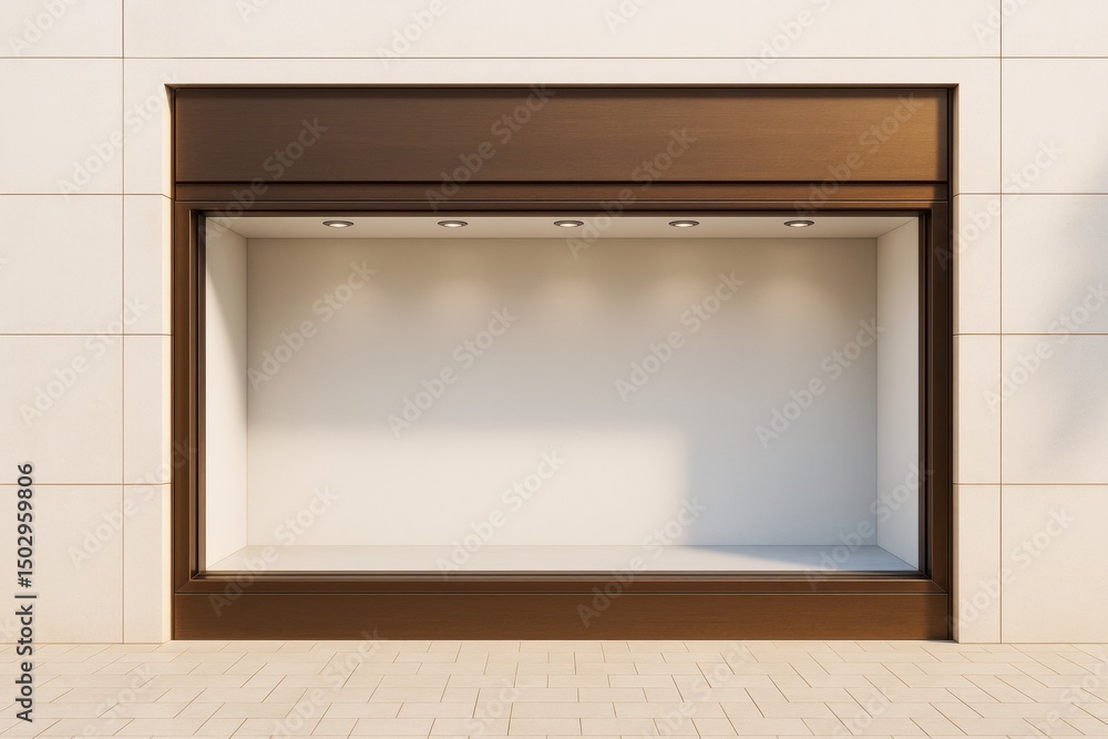 Poster Empty storefront display with wooden frame and clean background illuminated by ceiling spotlights, ideal for business promotion or branding mockup.