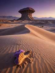 Surreal Purple Desert Landscape with Massive Sand Dunes, Bioluminescent Fungi, and a Distant Mysterious Monolith in a Sci-Fi Fantasy Alien World