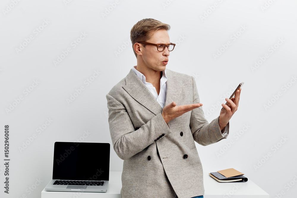 Poster surprised man using smartphone with laptop on white table communication digital nomad cybersecurity 