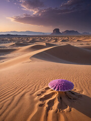 Surreal Purple Desert Landscape with Massive Sand Dunes, Bioluminescent Fungi, and a Distant Mysterious Monolith in a Sci-Fi Fantasy Alien World