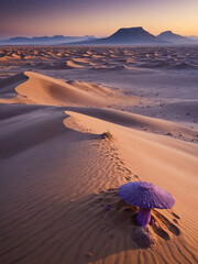 Surreal Purple Desert Landscape with Massive Sand Dunes, Bioluminescent Fungi, and a Distant Mysterious Monolith in a Sci-Fi Fantasy Alien World