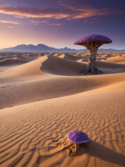 Surreal Purple Desert Landscape with Massive Sand Dunes, Bioluminescent Fungi, and a Distant Mysterious Monolith in a Sci-Fi Fantasy Alien World