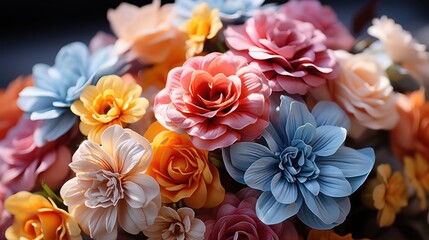 A vibrant bouquet of colorful artificial flowers.