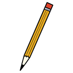 Hand drawn cartoon yellow pencil with eraser on white background.
